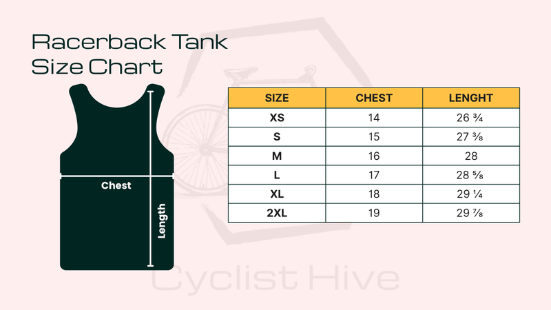Size chart for Cycle Retro Block Women’s Racerback Tank Top | Vintage Cycling Graphic