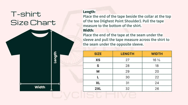 Size chart for Cycle Retro Block T-Shirt | Vintage Style Bike Rider Tee