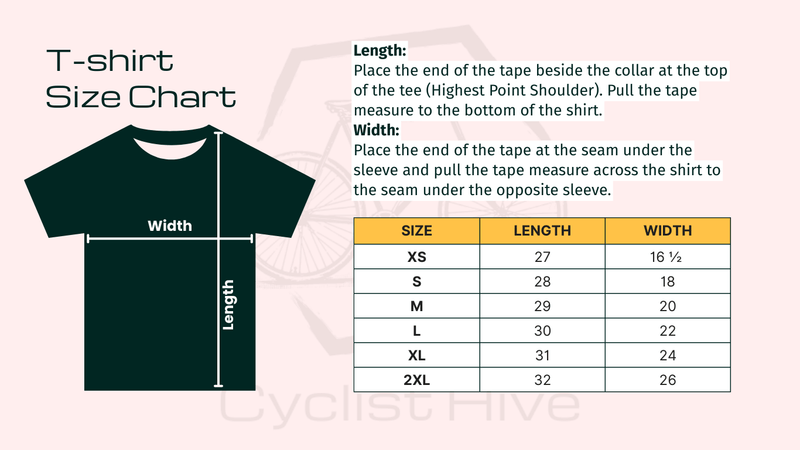 Size chart for Average Cyclist T-Shirt | Funny Bike Shirt